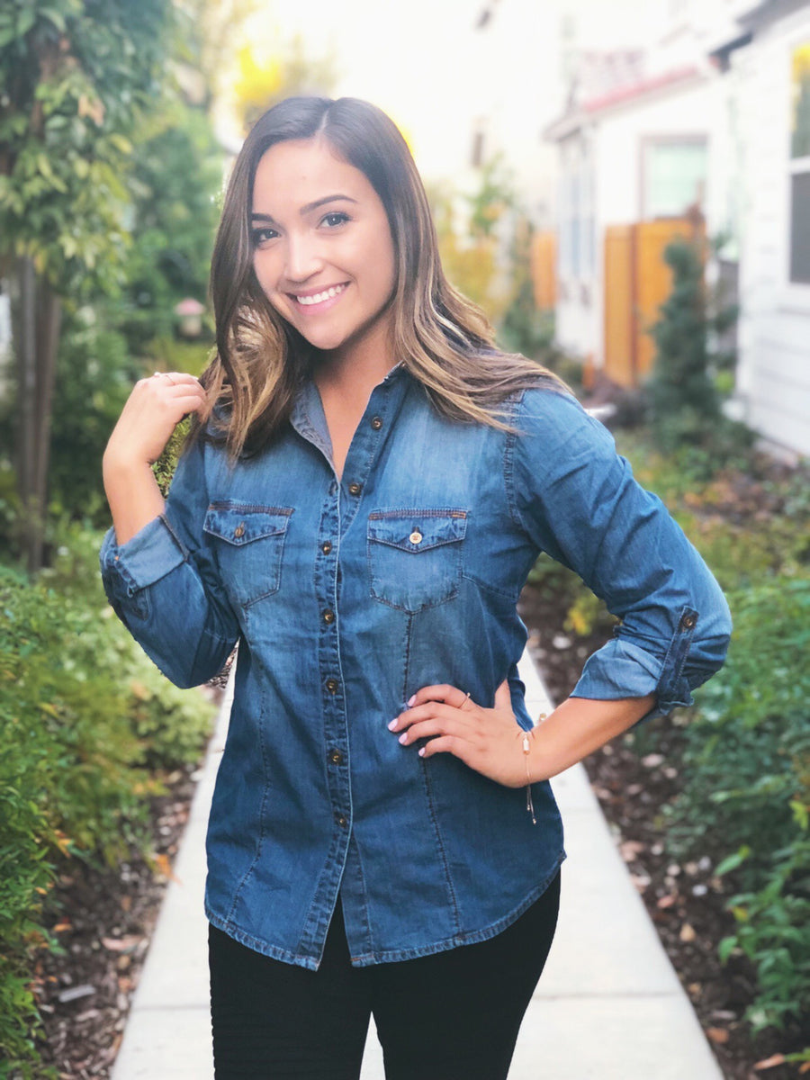 BUTTON DOWN DENIM SHIRT WITH ROLLED UP SLEEVES DARK BLUE HER STORY CLOTHING CO