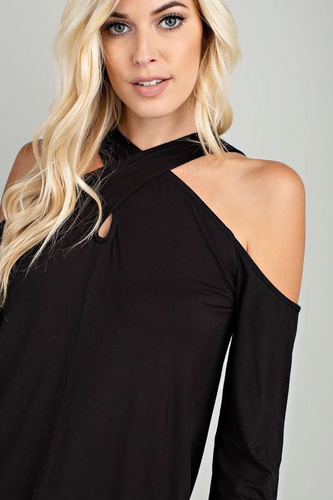 SULTRY OPEN COLD SHOULDER CROSS TOP