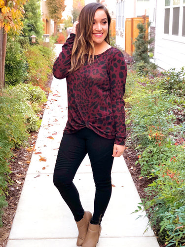 LEOPARD SIDE TWIST KNIT TOP-BURGANDY