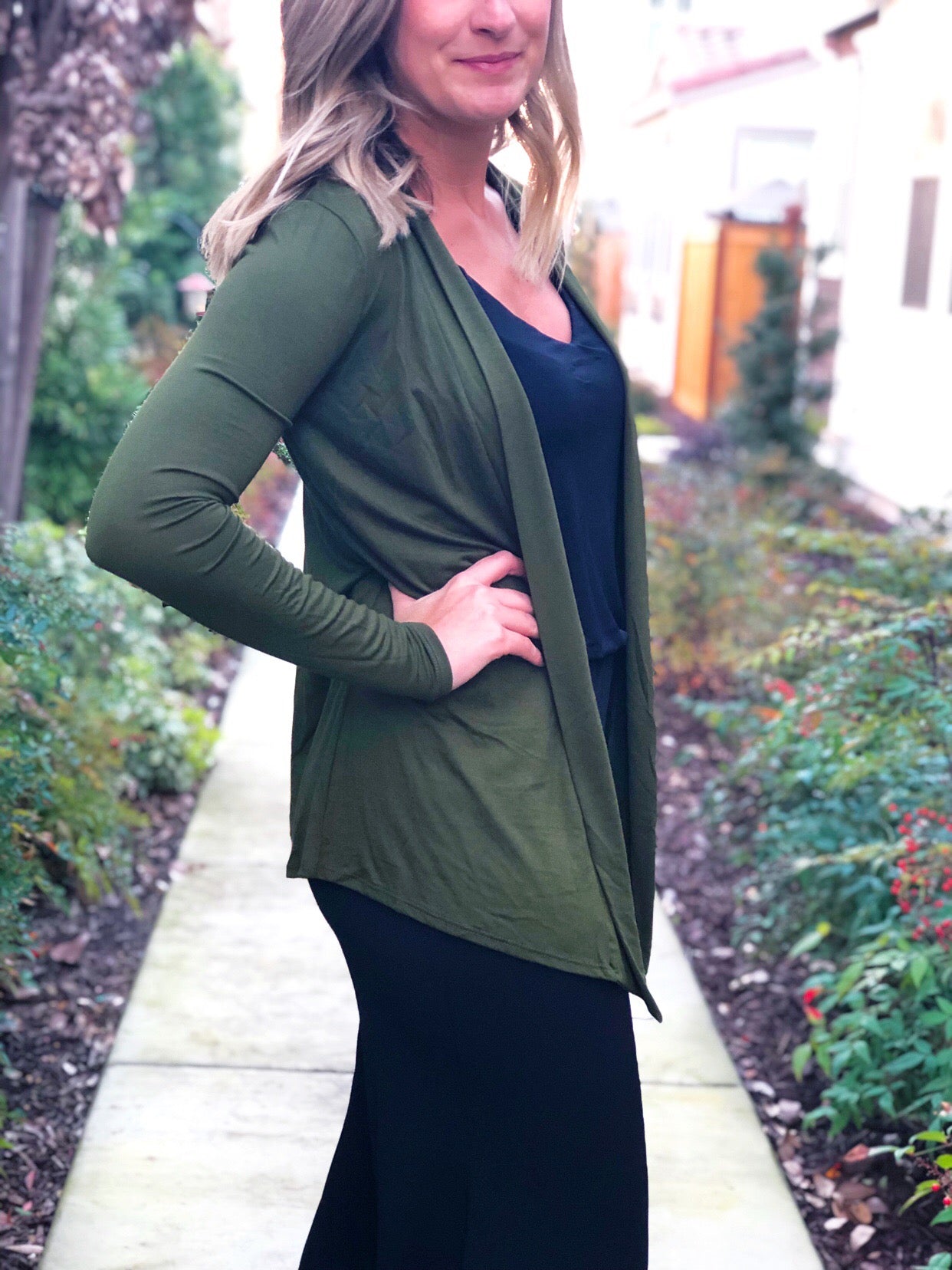 Olive green open sales cardigan