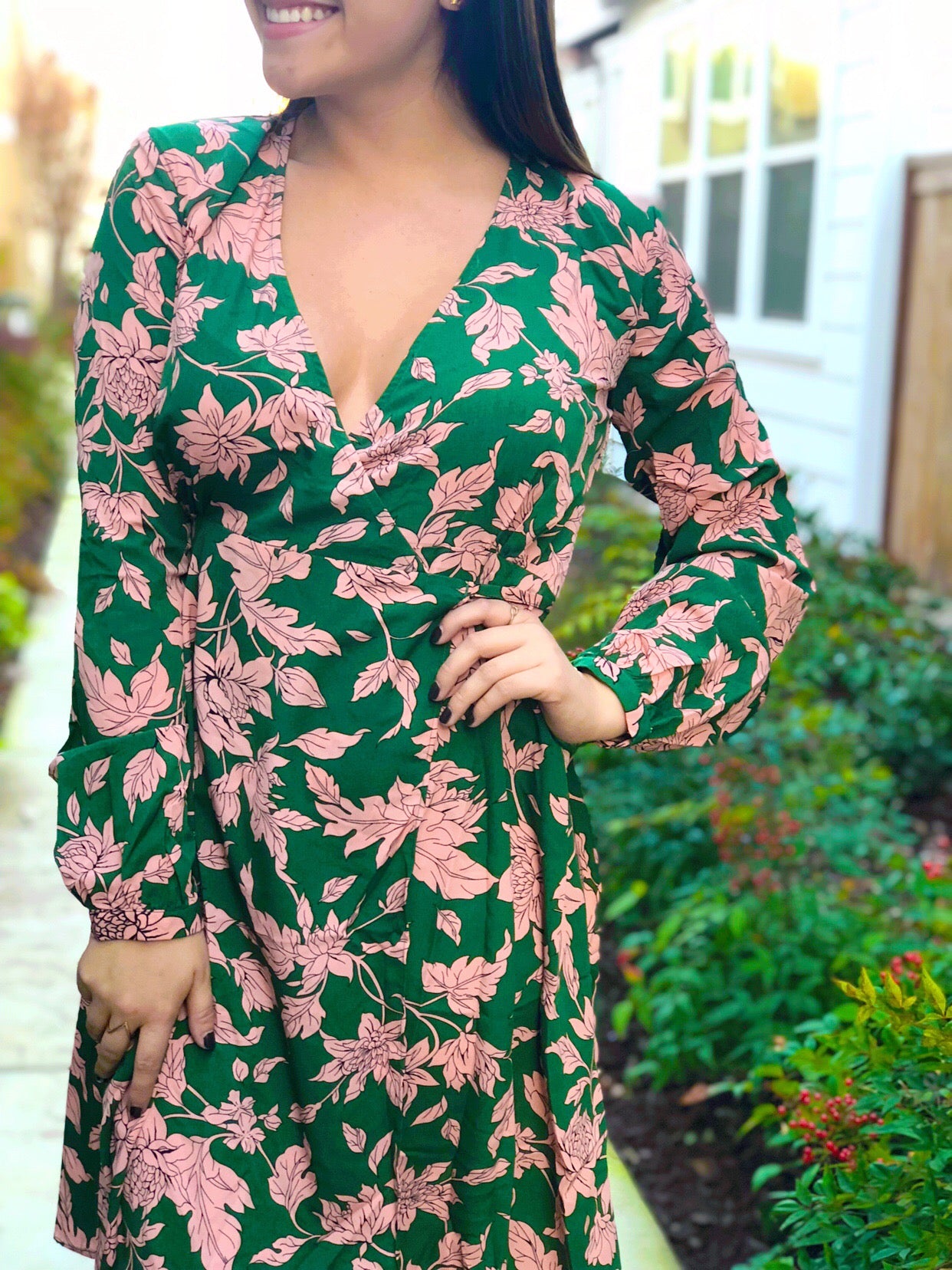 Flowery wrap dress clearance