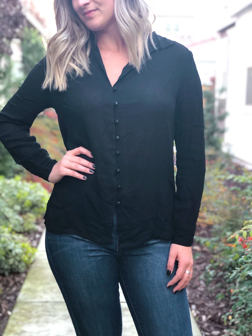 SHEER BUTTON DOWN BLOUSE BLACK HER STORY CLOTHING CO