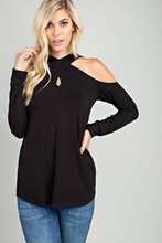 SULTRY OPEN COLD SHOULDER CROSS TOP